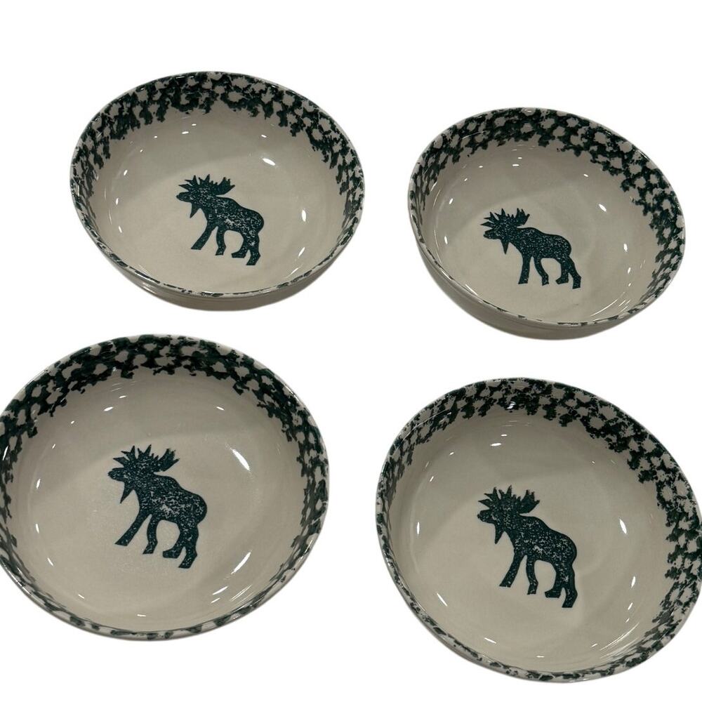 VINTAGE Tienshan Moose Country Cereal Soup Bowls Set 4 Folk Craft Spongeware 6.5